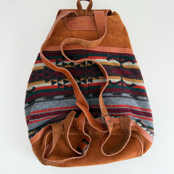 Vintage Suede Leather Woven Backpack Handmade Southwestern Navajo Aztec Tapestry main image 11